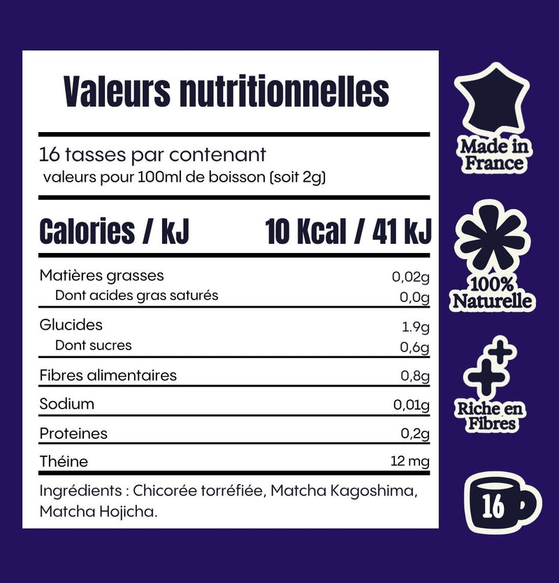 Valeurs nutritionnelles de Black Matcha : 16 tasses par pot, 10 kcal et 12 mg de théine pour 100 ml