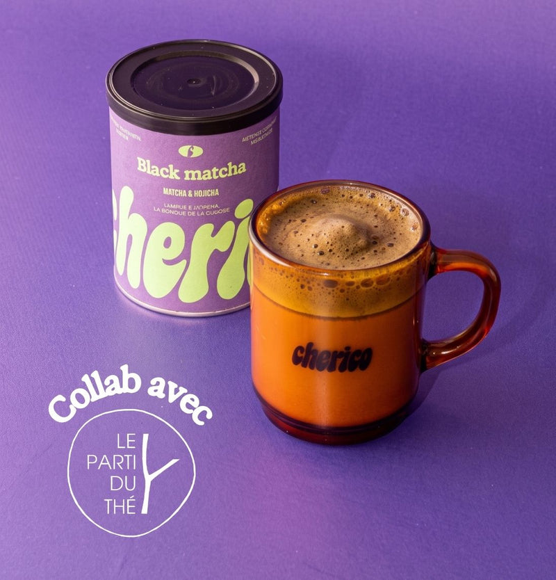 Pot de Black Matcha et tasse de black latte mousseux, collab Cherico x Le Parti du Thé