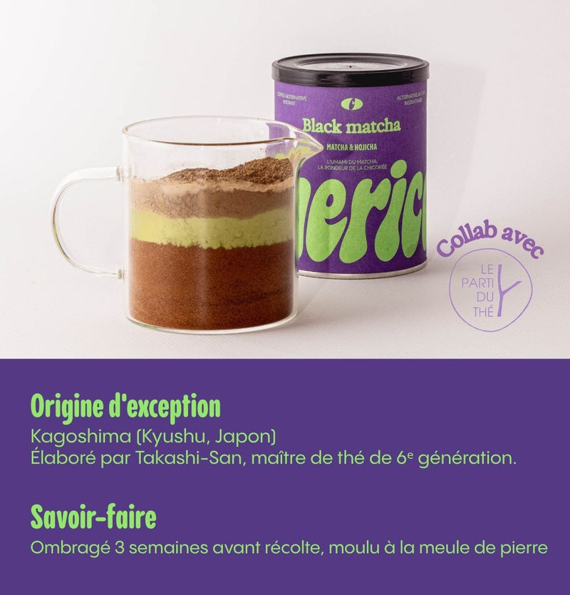 Matcha de Kagoshima, origine d'exception, à côté du pot Black Matcha