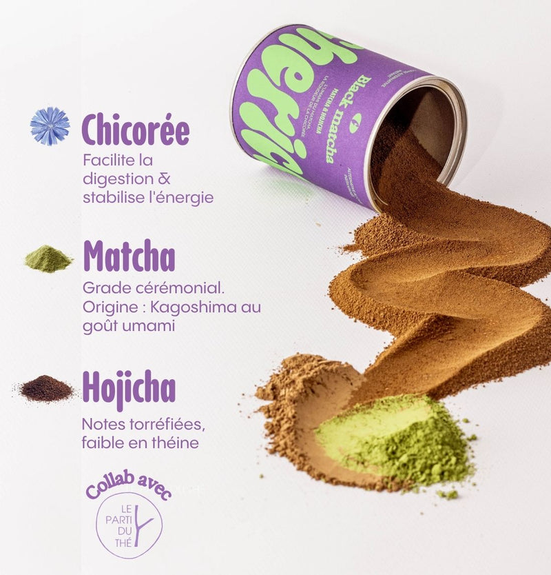Les 3 ingrédients de Black Matcha : chicorée torréfiée, matcha cérémonie de Kagoshima et hojicha